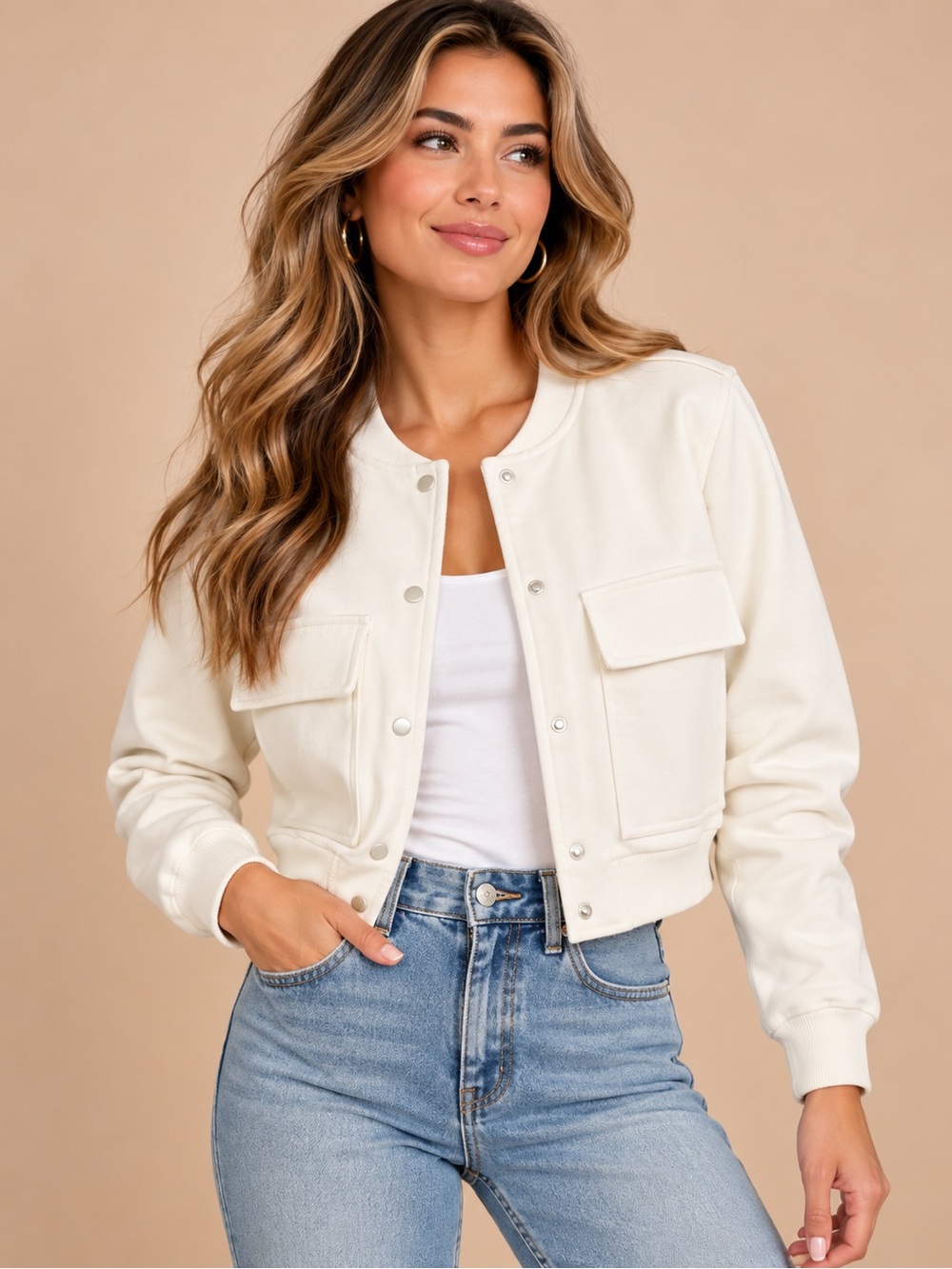SHEIN Cream Cropped Utility Bomber Jacket Size Medium